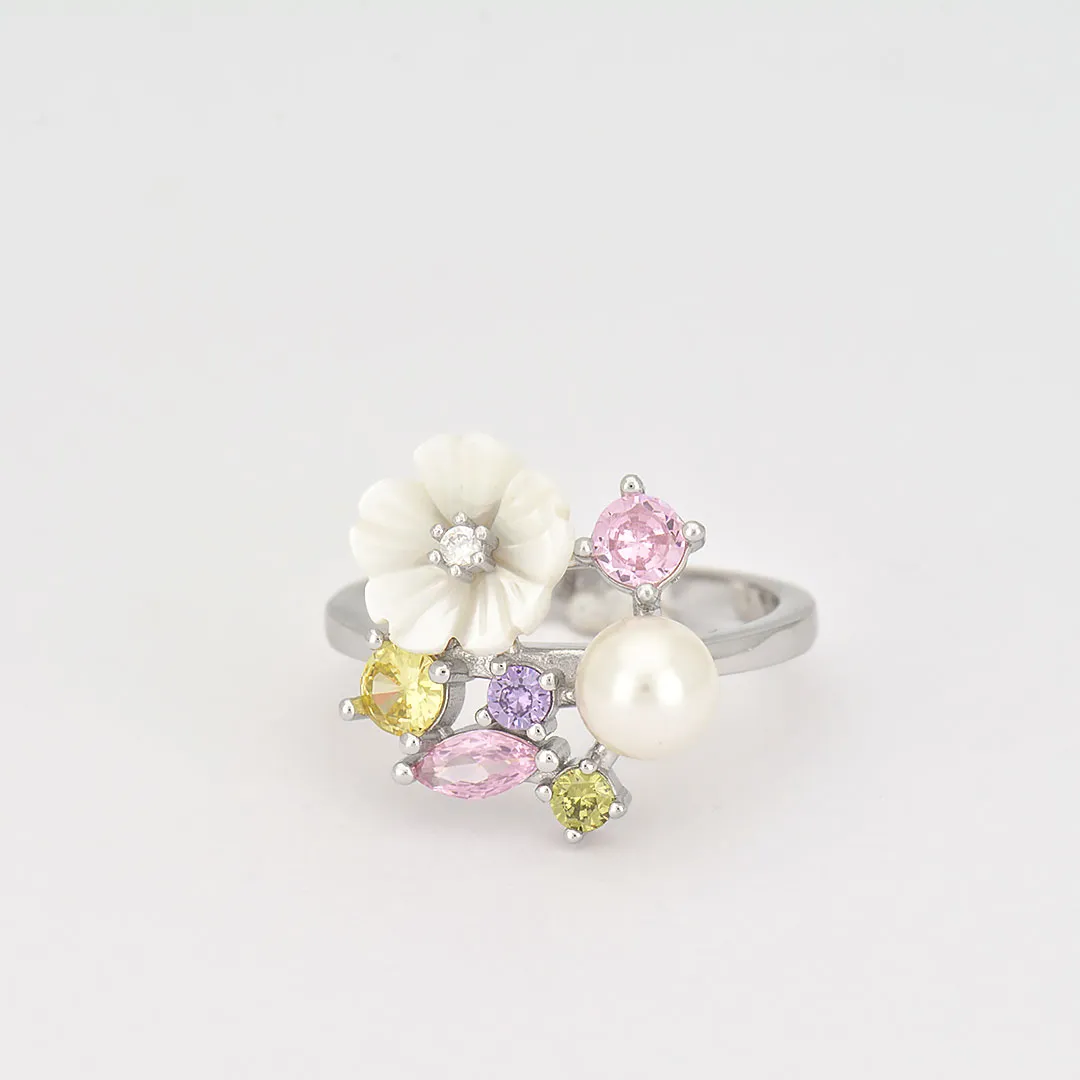 Сребърен пръстен перла с цвете Benedetto 1