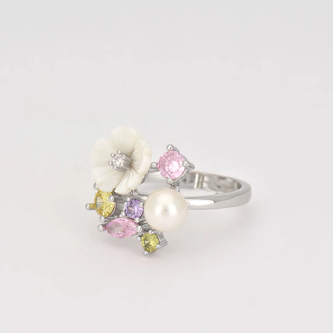 Сребърен пръстен перла с цвете Benedetto 3