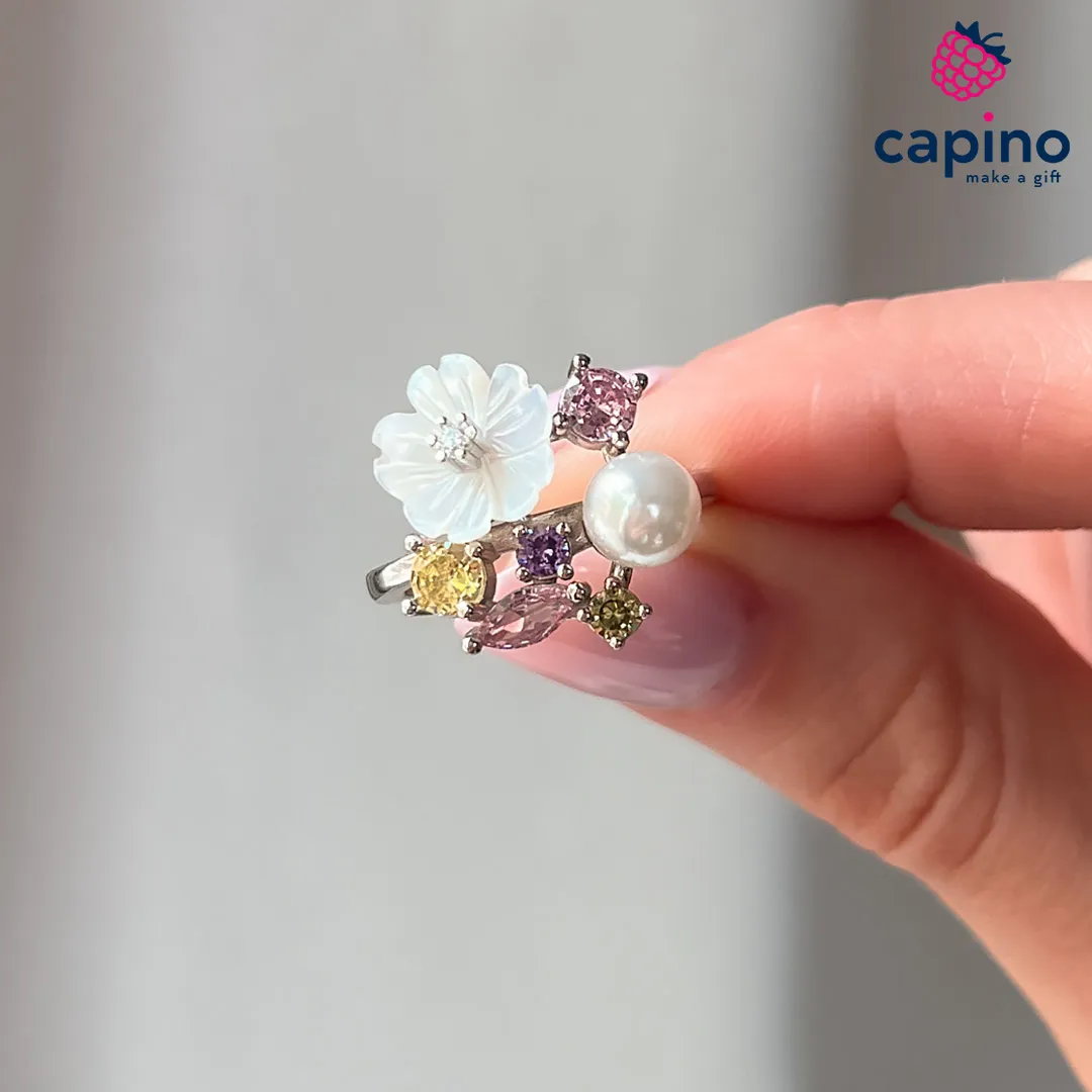 Сребърен пръстен перла с цвете Benedetto 3