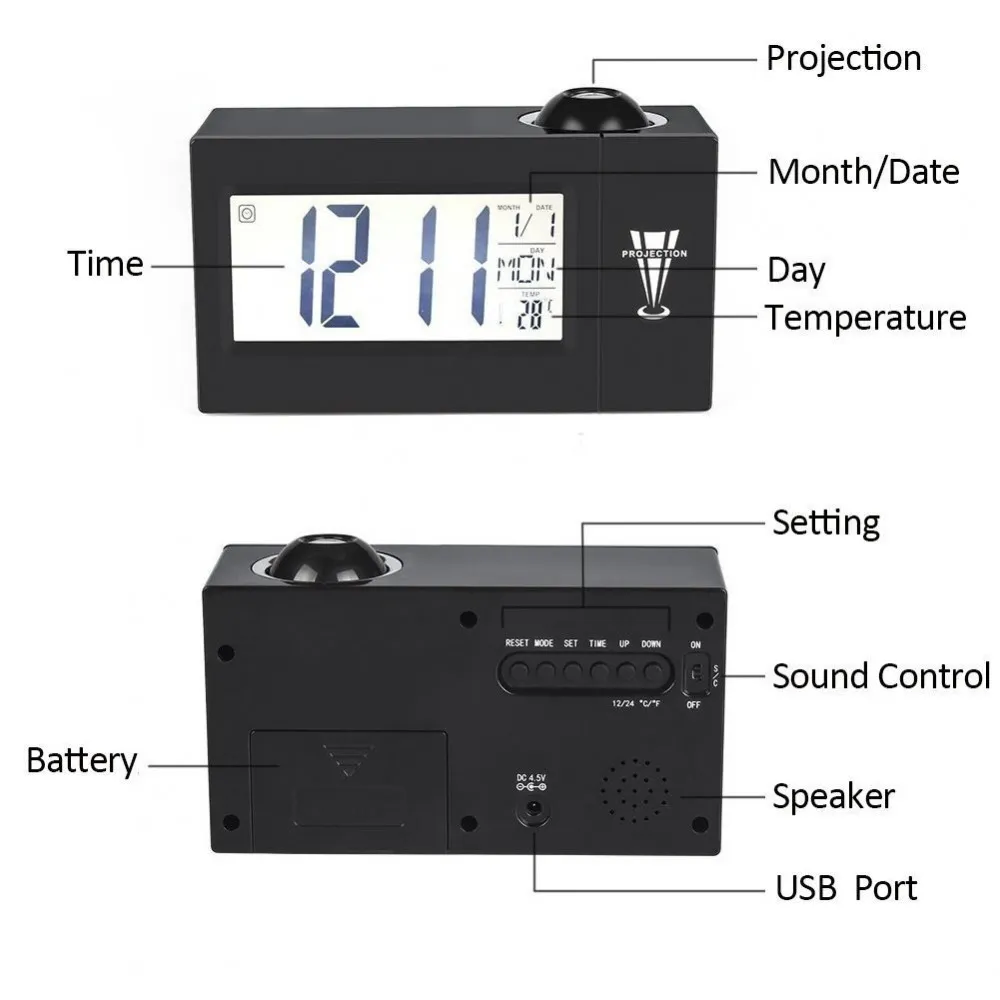 Цифров будилник с проектор на часа активиране с пляскане на ръце  6