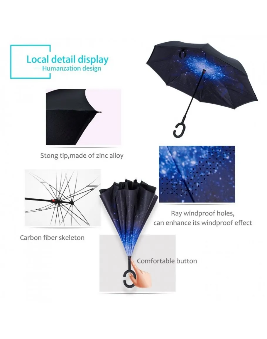 Двупластов чадър с удобна дръжка, отварящ се наобратно 4