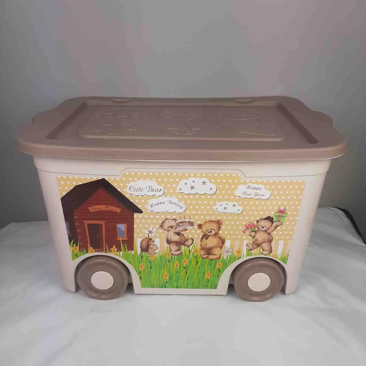Детска кутия за играчки с колелца, картинки и капак  2