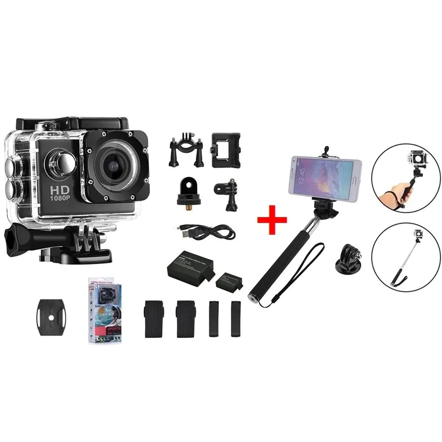 Екшън камера Vertex, Две батерии, HD, пълен комплект, Черна + Сгъваем селфи стик за екшън камери с универсален винт и Щипка за смартфон 2