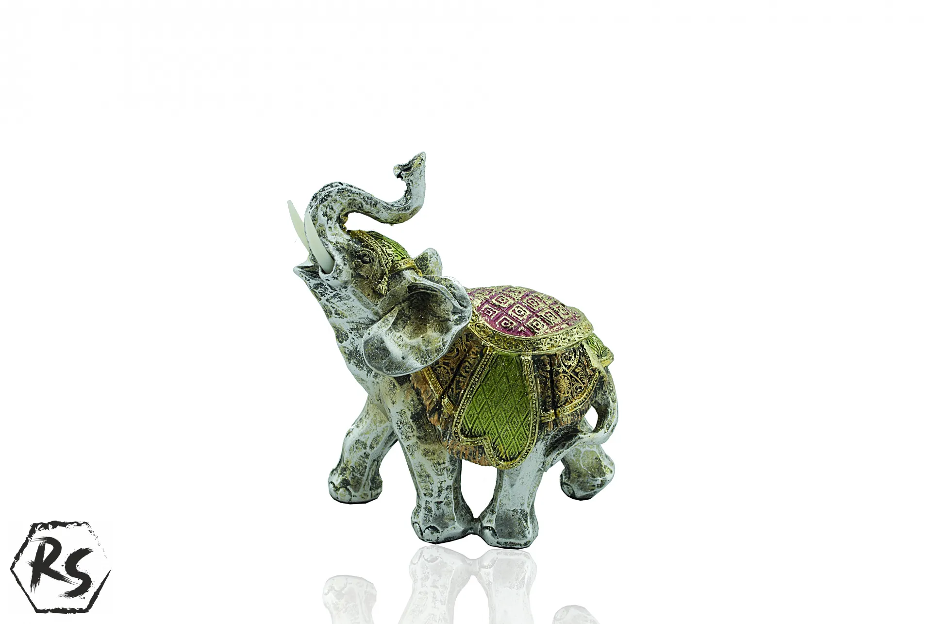 Полирезинова фигура на слон за декорация в зелено и златисто 13см 1