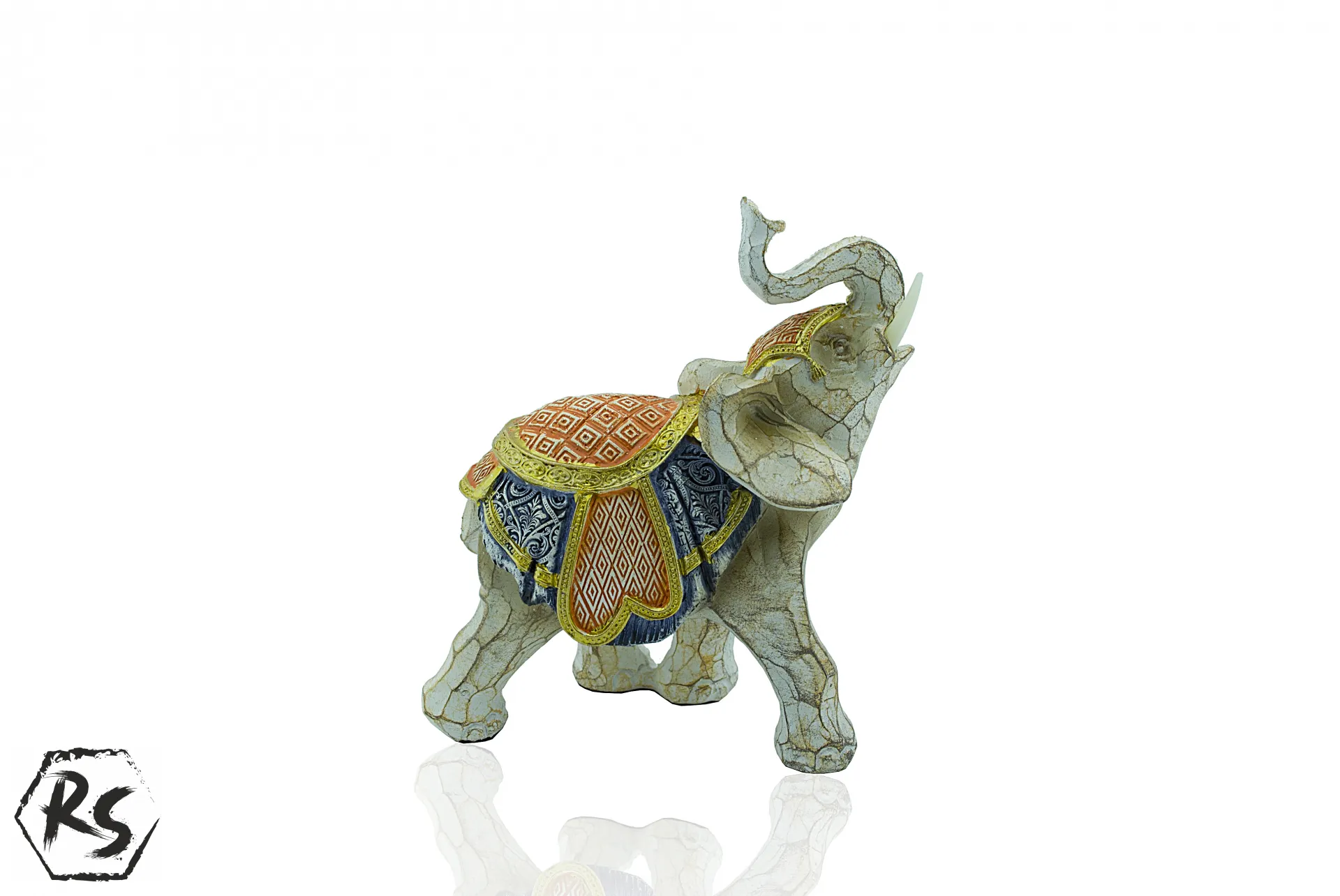 Полирезинова фигура на слон за декорация в оранжево, синьо и златисто 13см 2