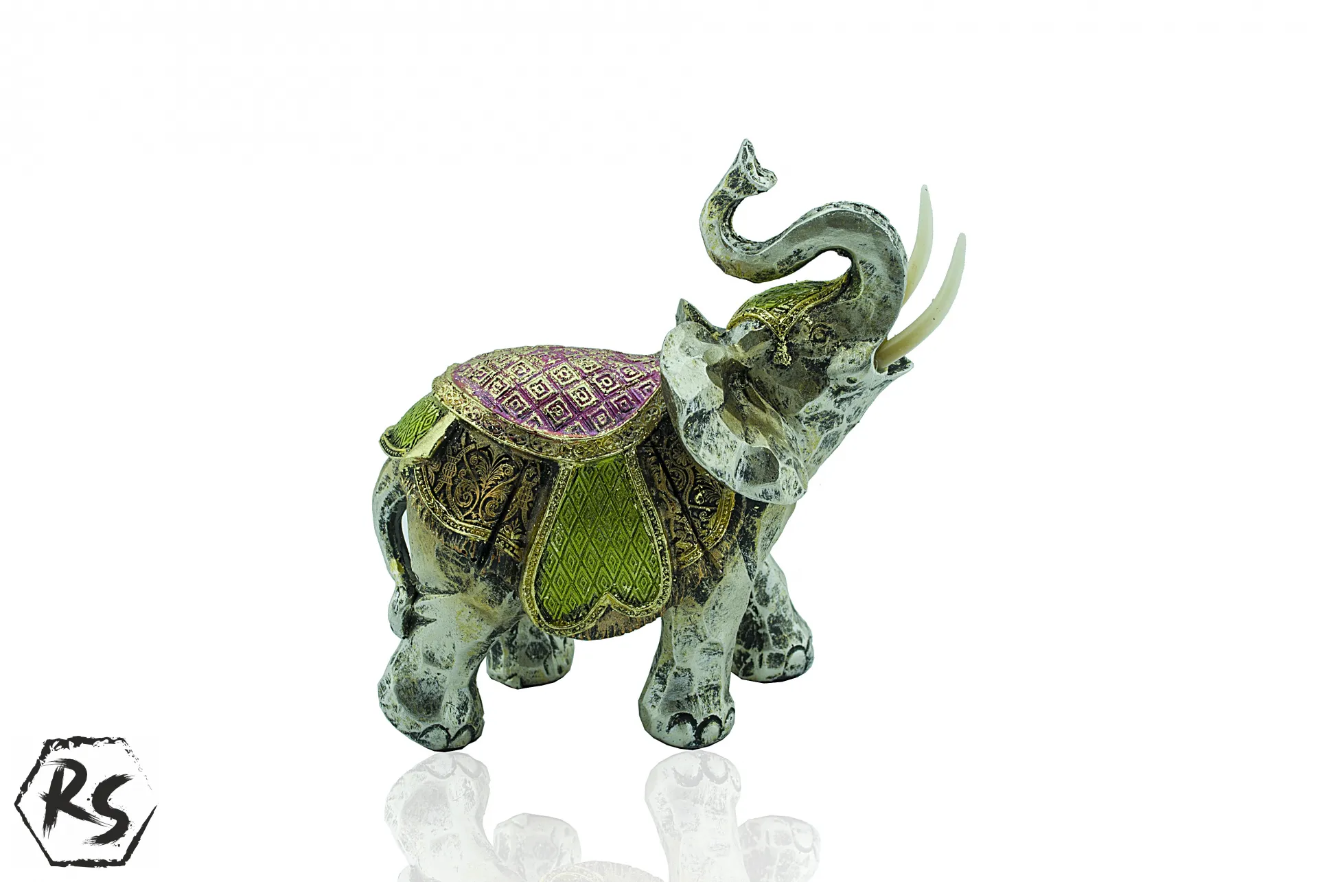 Полирезинова фигура на слон за декорация в зелено и златисто 15см 1