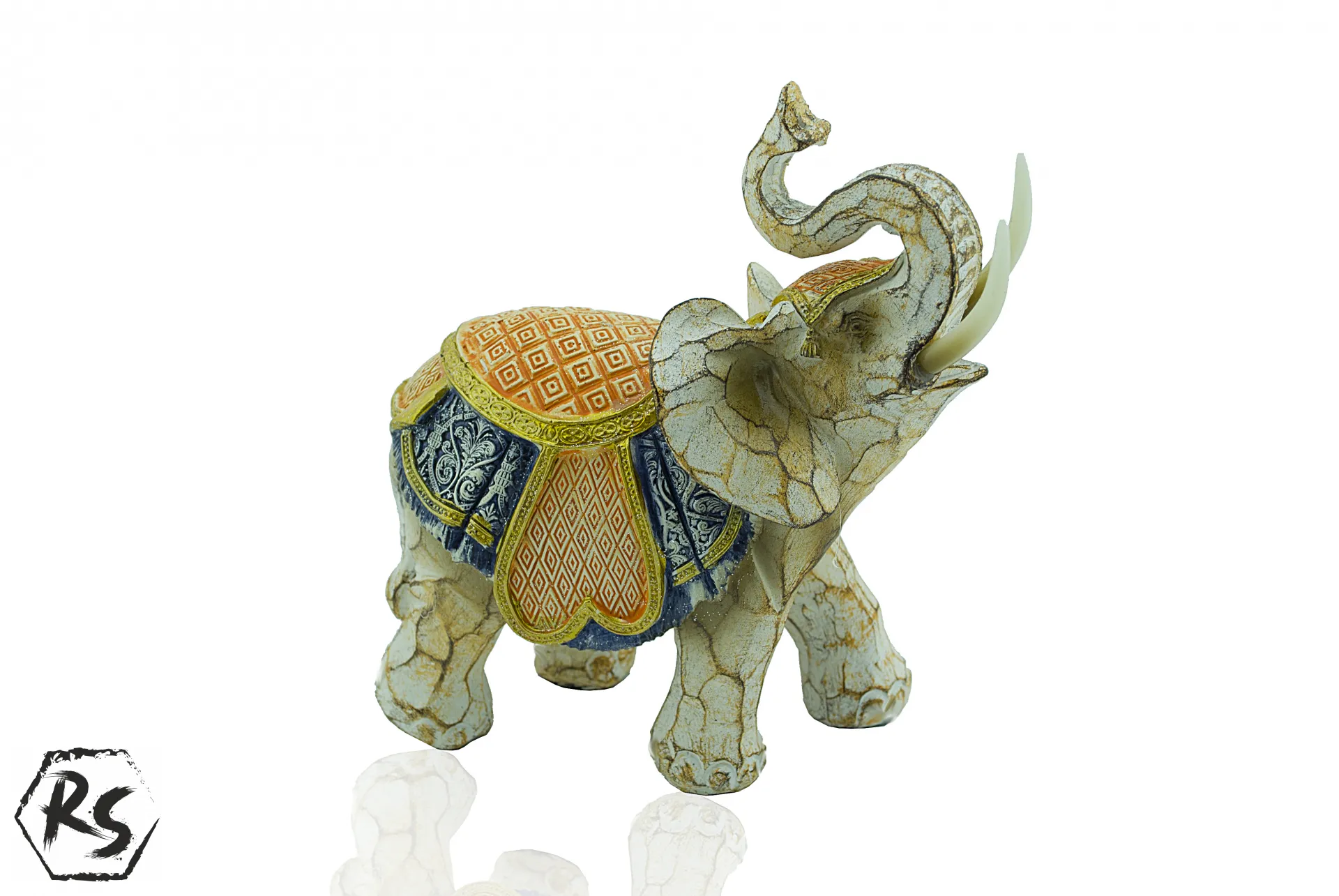 Полирезинова фигура на слон за декорация в оранжево и синьо 15см 3