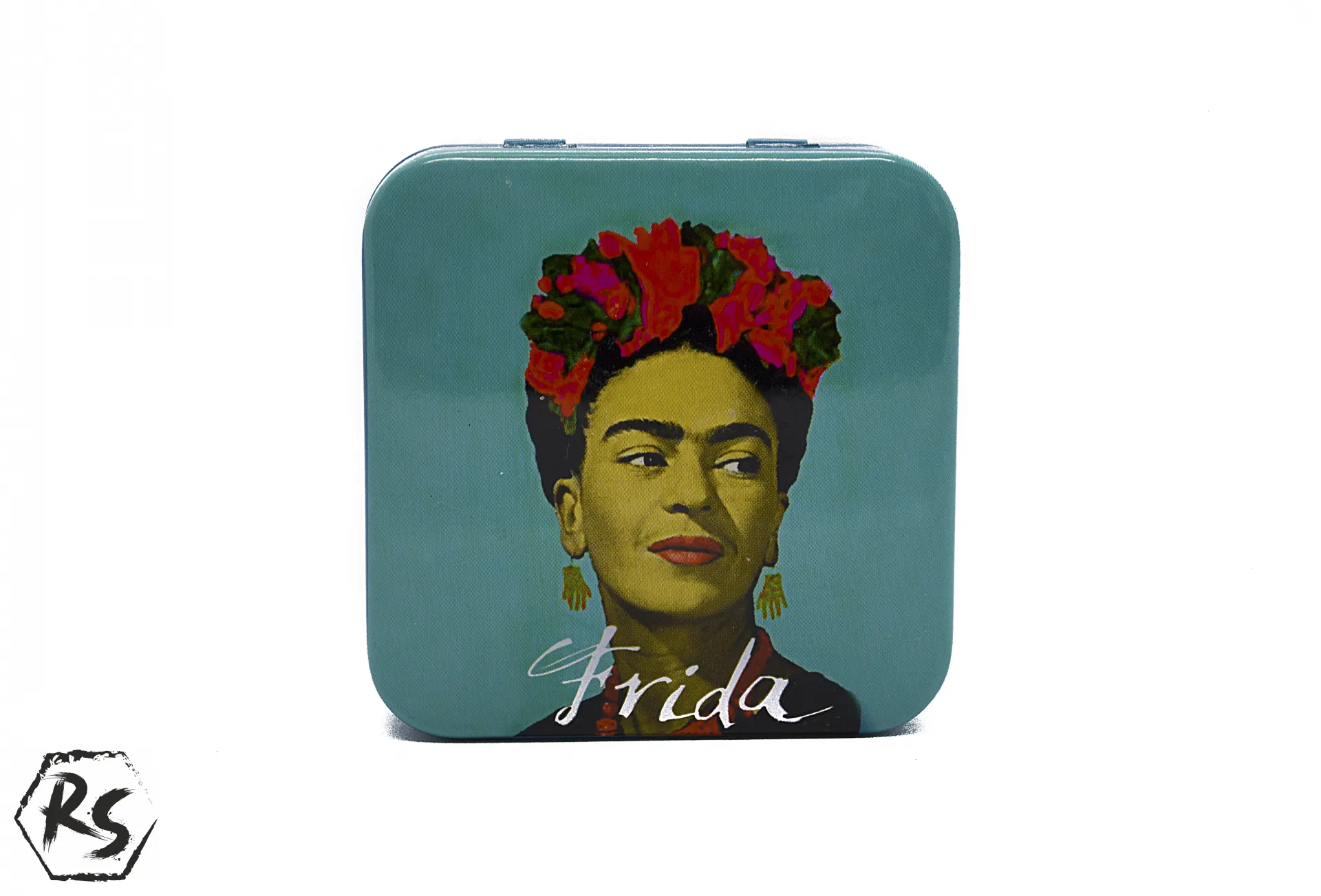 Натурален сапун с аромат на роза, сусам и лайка в квадратна кутийка с лика на Фрида Кало в синьо КВ13 1