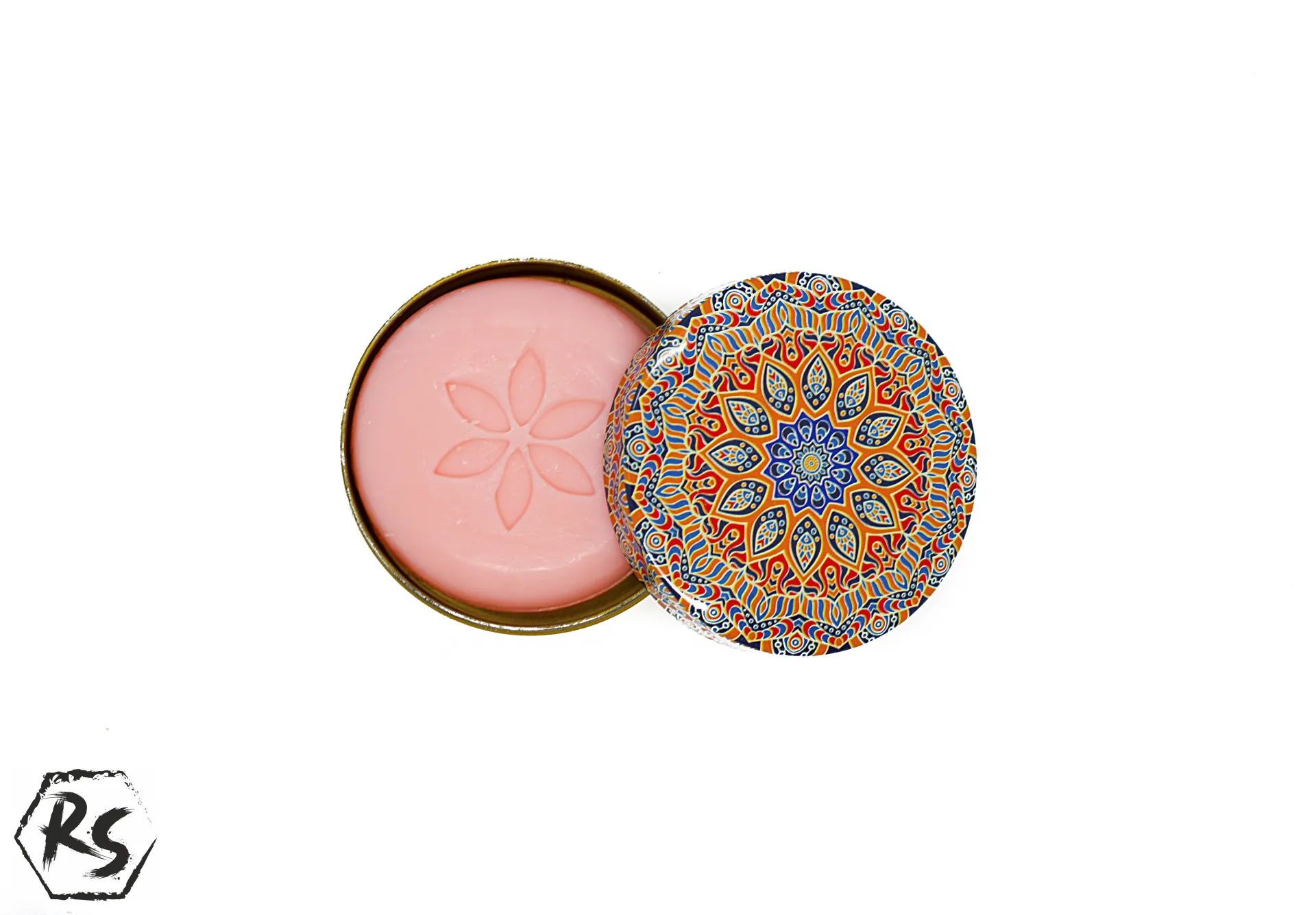 Натурален сапун с аромат на роза в кръгла метална кутийка с мандала К45 2