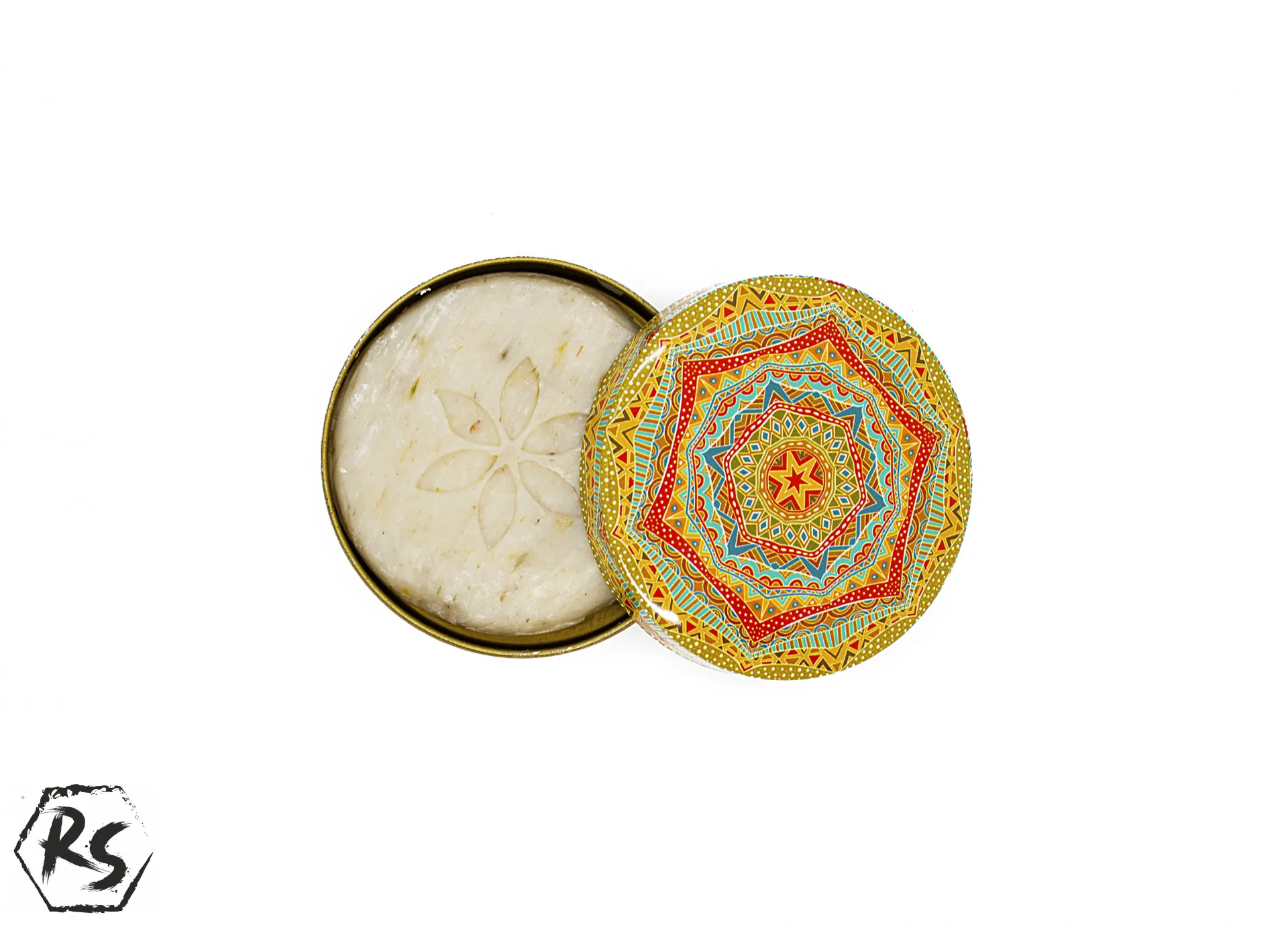 Натурален сапун с аромат на роза, сусам и лайка в кръгла метална кутия с мандала К46 2
