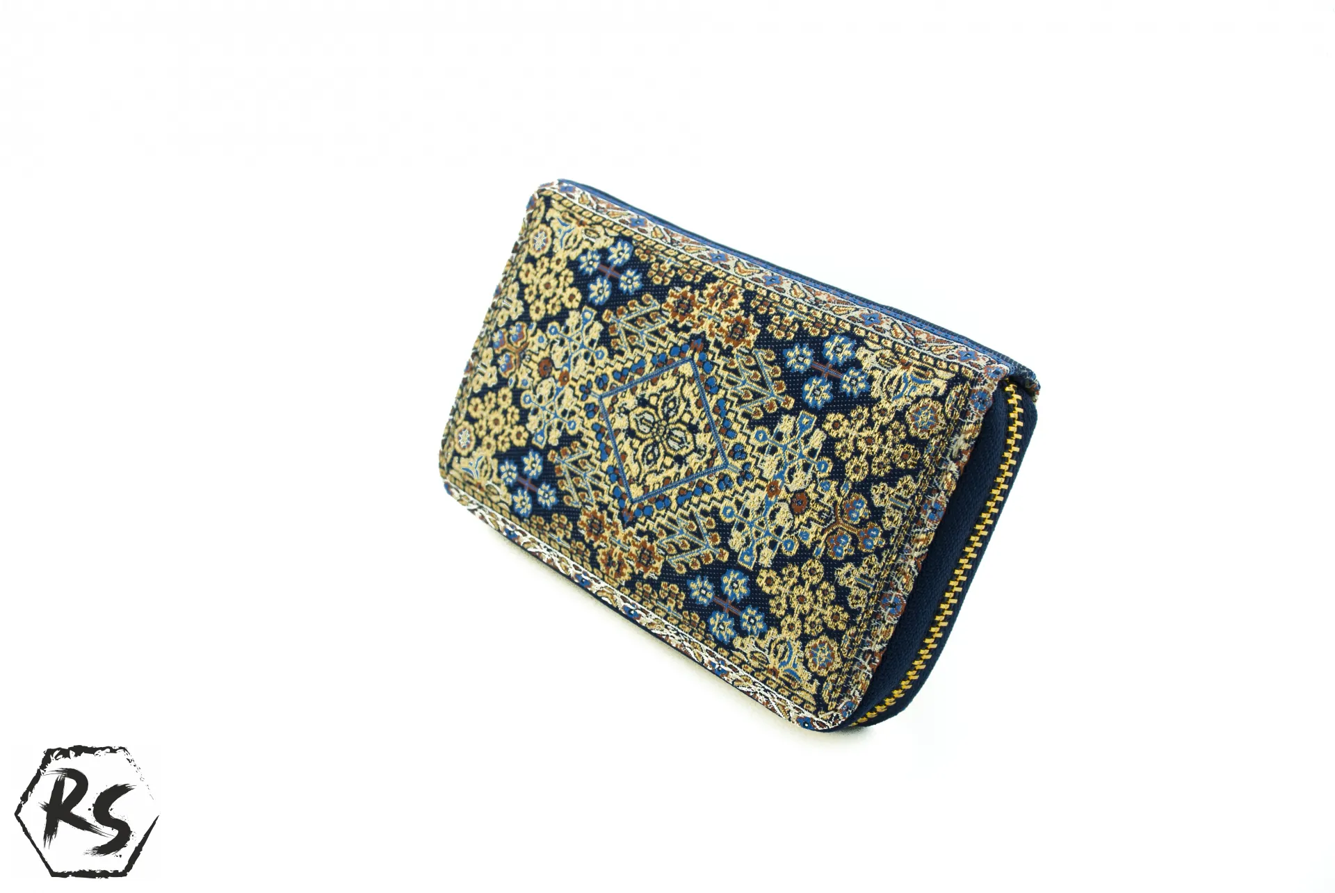 Дамско портмоне от плат с ориенталски мотиви в синьо и златно 3