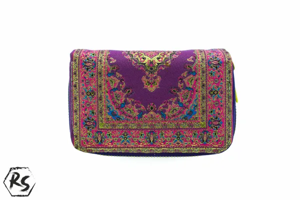 Дамско двойно портмоне от плат с ориенталски мотиви в лилаво и розово 1