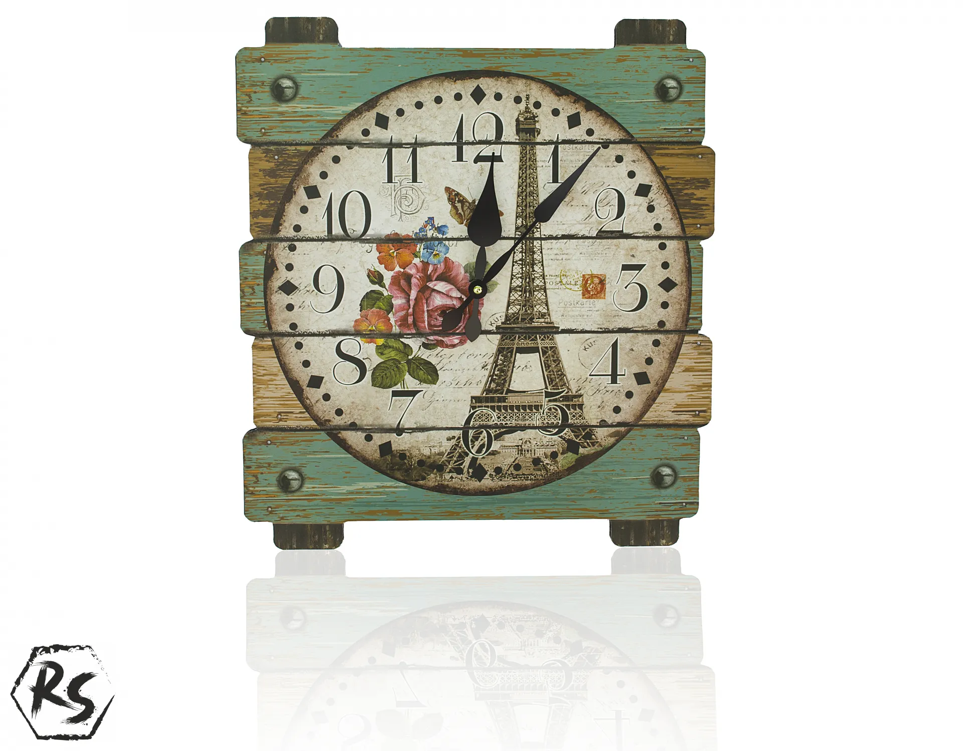 Стенен винтидж часовник с принт на цветя и Айфеловата кула