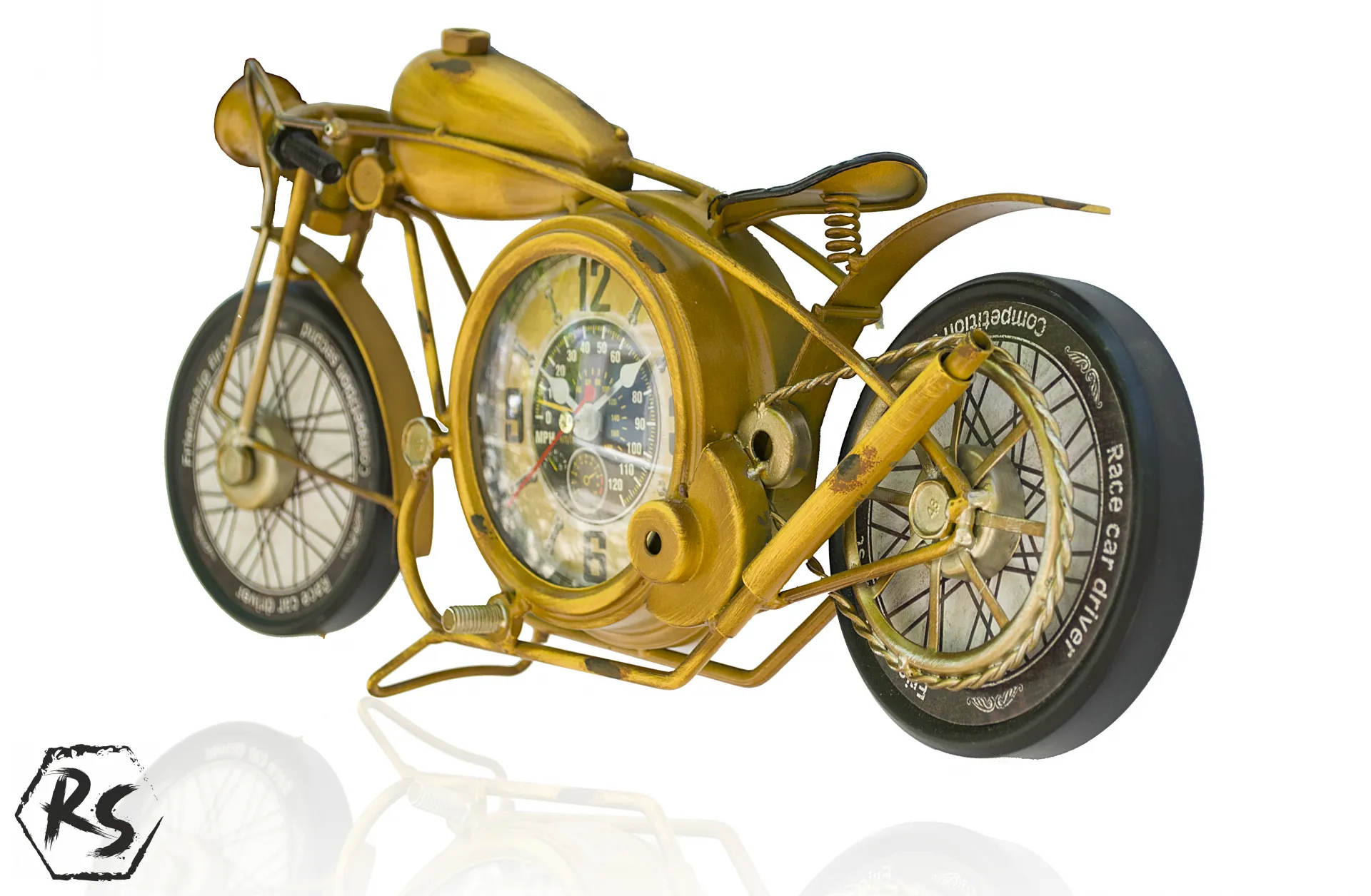 Настолен метален часовник мотор жълт 3