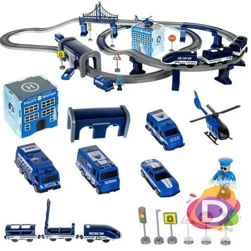 Комплект Детскo влакчe PoliceTrain, Електрически локомотив, Полицейска кола, хеликоптер, с пътни знацi, 92 части - Код1289 1
