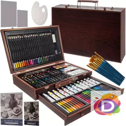 Комплект за рисуване в дървено куфарче, 128 части - Код D1853 1