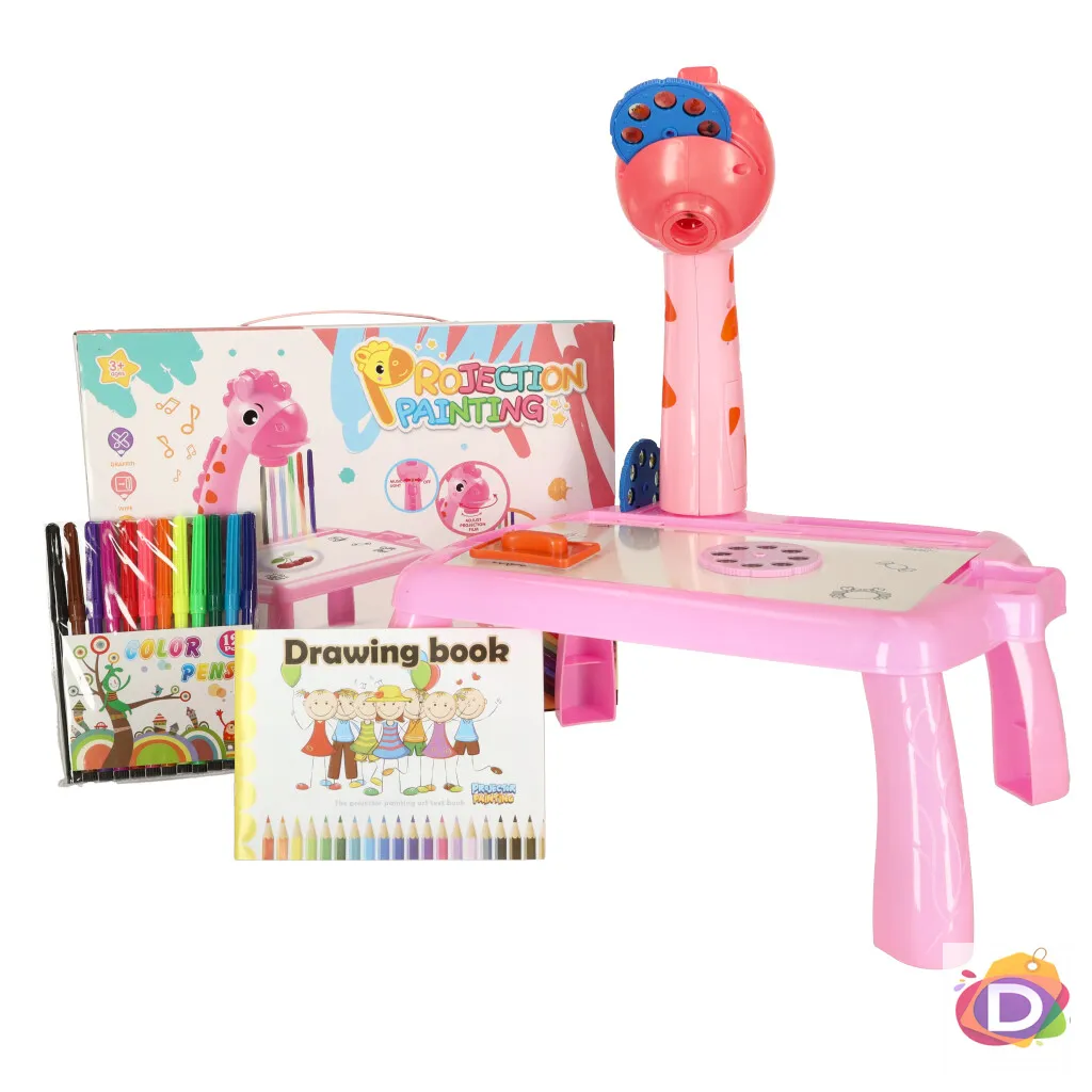 Детска масичка за рисуване с проектор, музикална Жираф, розова - Код D2101 1