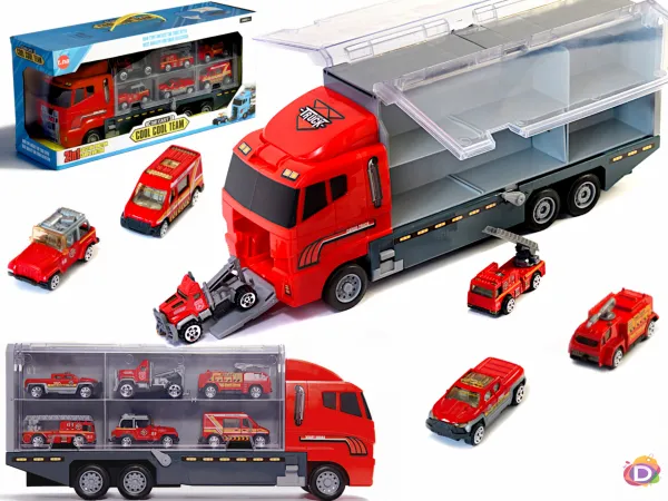 Голям камион автовоз с катапулт и 6 пажарни автомобила - Код D2410 1