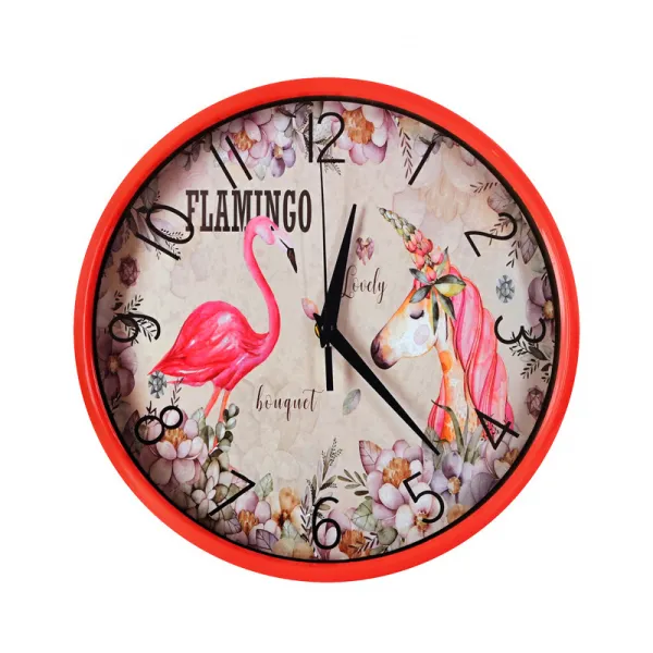 Детски стенен часовник в розово с фламинго и ендорог